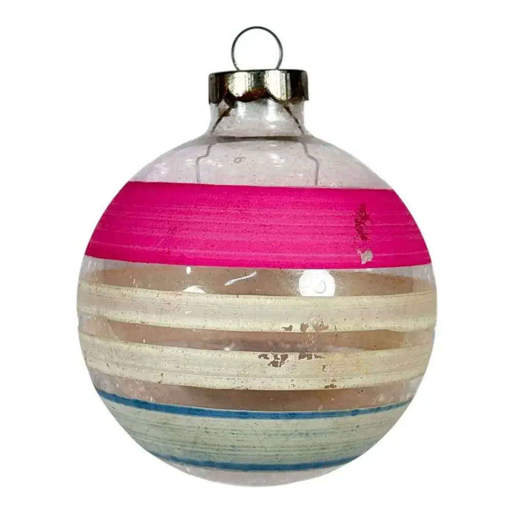 Vtg Shiny Brite 3” Unsilvered Glass Ornament Pink White Stripes WWII Christmas
